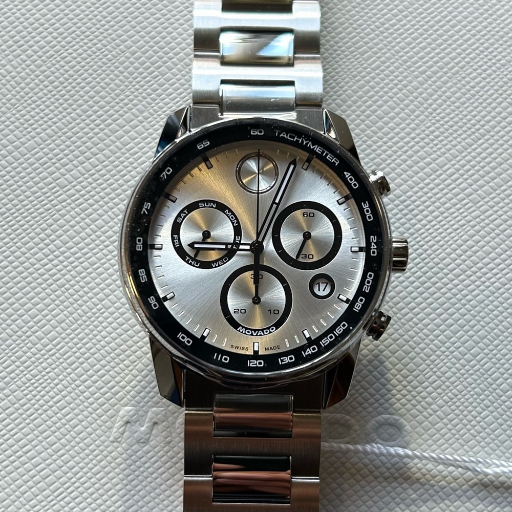 Movado Bold Verso Watch With 44mm Silver Chronograph Face & Silver Bracelet
